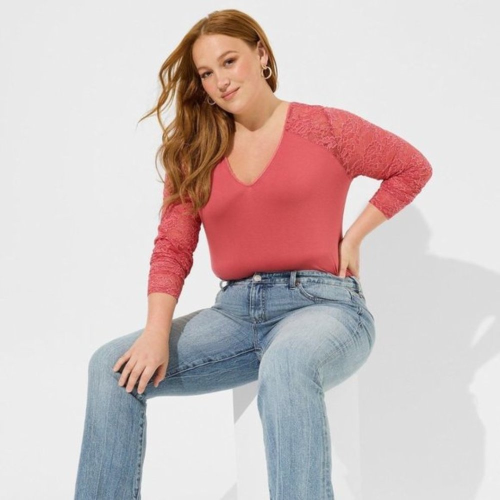 Torrid - Super Soft V-Neck Lace Sleeve Top in Holly Berry Pink